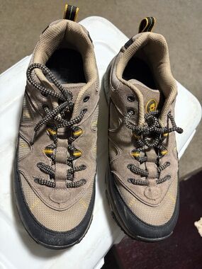 Women's Taupe Athletic Hiking Sneakers with Black and Yellow Accents